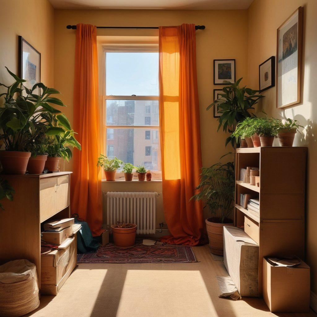 A split scene depicting a dreary, cluttered apartment on one side and a bright, cozy, and inviting rental on the other, symbolizing the transformation from sadness to happiness. Include elements like open windows letting in sunlight, cheerful decorations, and a smiling person surrounded by moving boxes, illustrating the journey of finding the perfect rental. Use warm colors and light to enhance the atmosphere. super-realistic. vibrant colors. cozy ambiance.