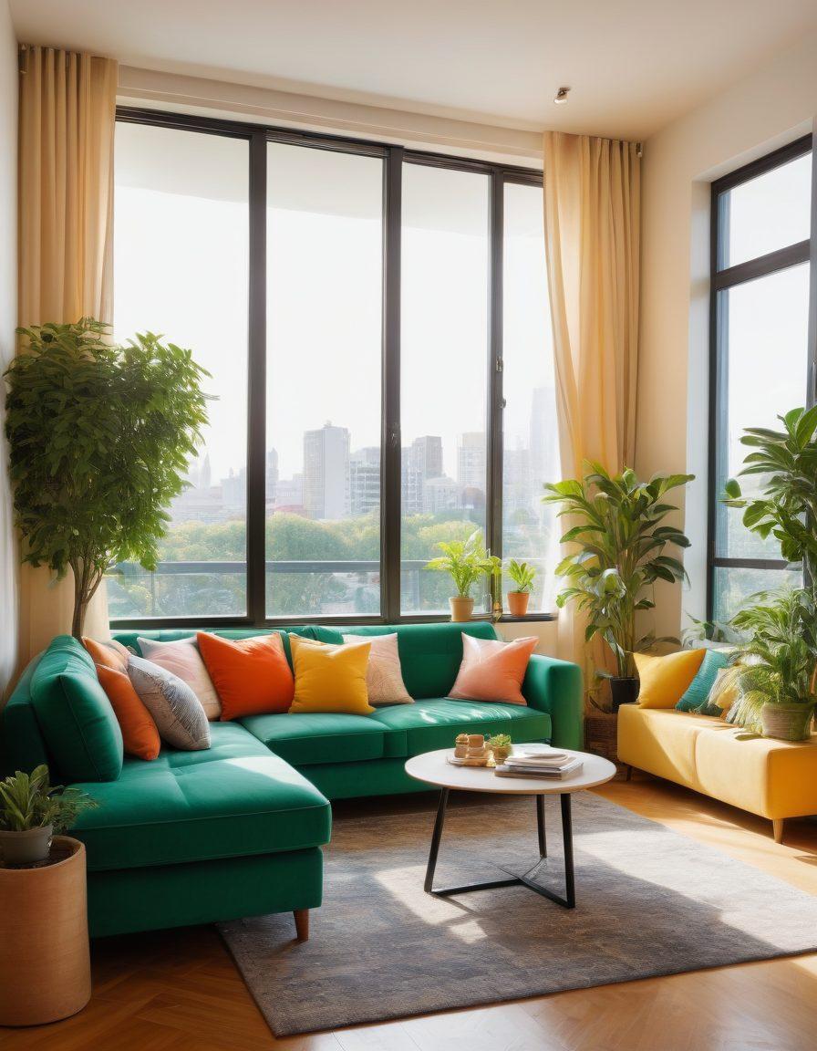 A serene and inviting apartment interior featuring cozy furniture, plants, and warm lighting, with a window showing a cityscape view. Add happy individuals exploring various apartment options, engaging with a cheerful real estate agent. Include elements that evoke joy and simplicity, like bright colors and smiling faces, set against a tranquil backdrop. super-realistic. vibrant colors. soft lighting.