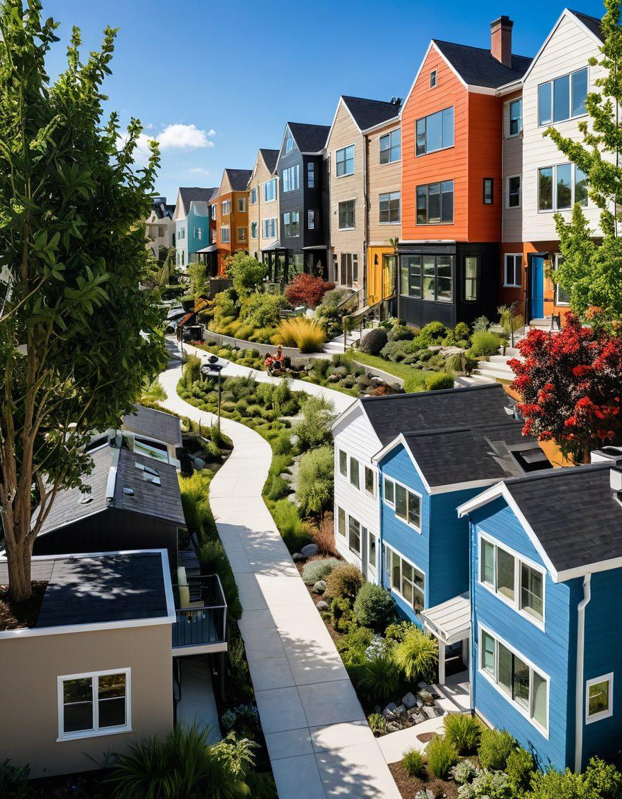A vibrant collage showcasing diverse housing options, featuring modern apartments, cozy lofts, traditional townhouses, and eco-friendly tiny homes. Include people of different ethnicities joyfully exploring these spaces, with lush greenery and a clear blue sky in the background. Incorporate a prominent 'For Rent' sign and a pathway leading towards the apartments. Illustrate a seamless connection between the different living environments. super-realistic. vibrant colors. white background.